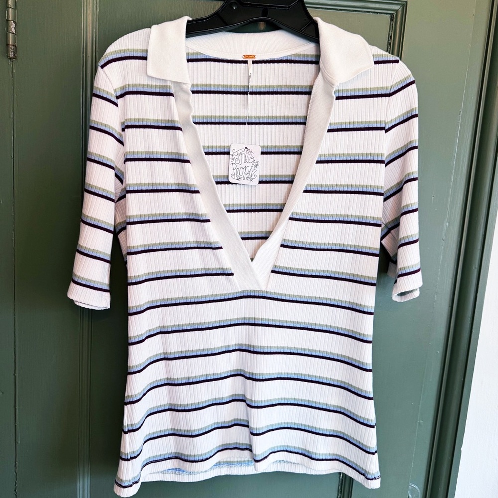 Free People Striped V-Neck Collared Top NWT